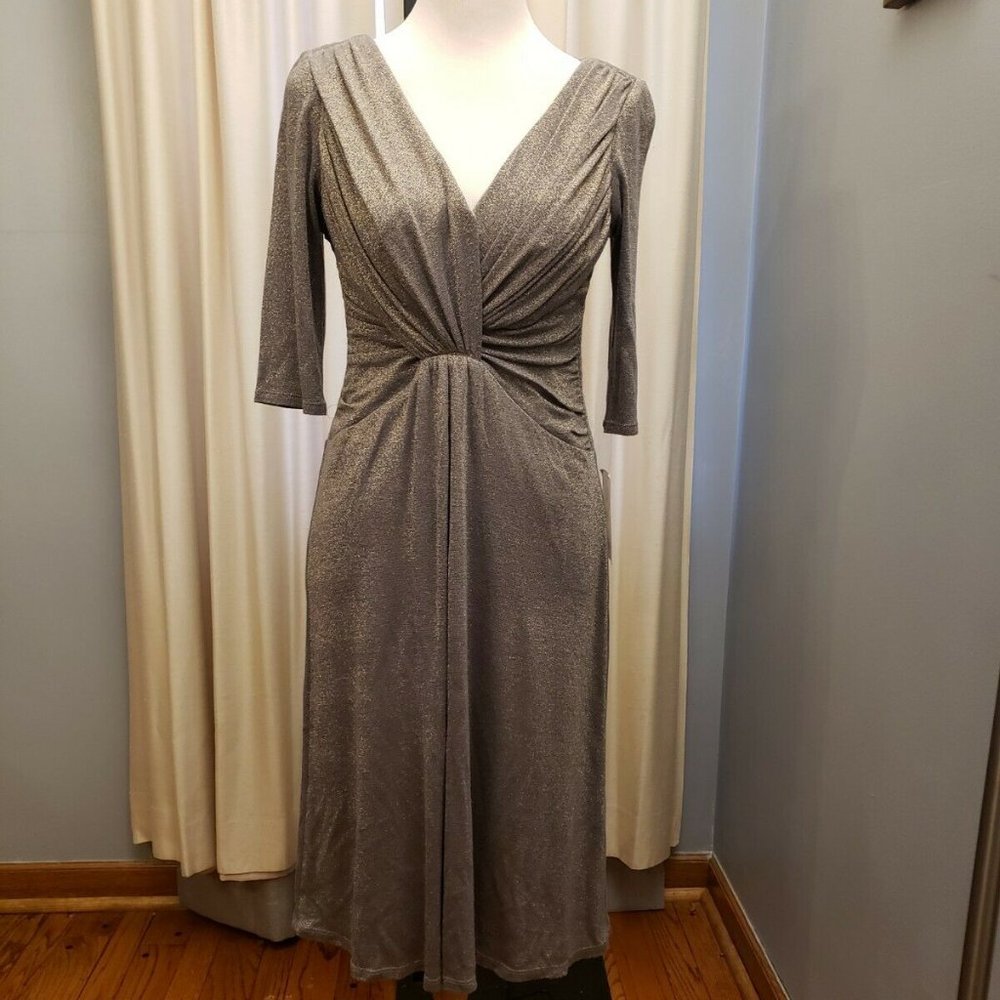 Sangria Tan Gold Knit Dress Sparkly Ruched 3/4 Sleeve V Neck Size 8 NWT $120